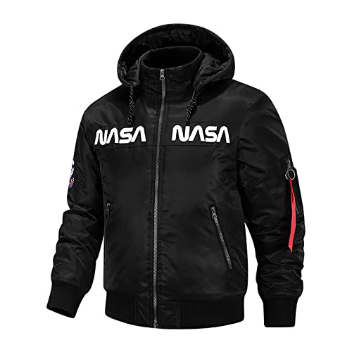 Image of CORIRESHA Winter Men's NASA Bomber Jacket Stand-Up Collar Hooded Thickened Embroidered Zipper-Up Jacket