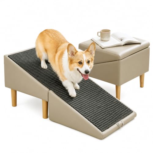 Image of 2-in-1 Foldable Ottoman Dog Ramp for Couch,Convertible Folding Dog Stairs for Couch and Bed,Non-Slip Wooden Pet Stairs for Puppy Senior Injured Dogs