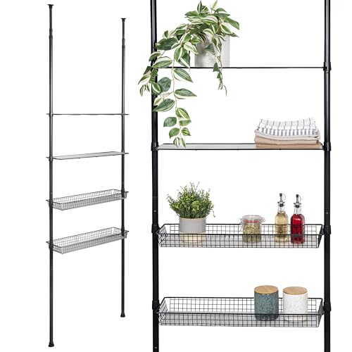 bremermann Teleskop-Regal mit 2 Körben 2 Ablagen Badregal Waschmaschinenregal Allzweckregal für viele Wohnbereiche geeignet Teleskop-Stange höhenverstellbar bis max. ca. 290 cm (Schwarz)