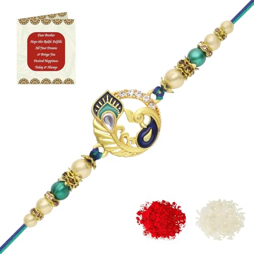 Image of Riddhika Ventures Glorious Gold Plated Auspicious Diamond Ring Rakhi with Roli Chawal and Greeting Card