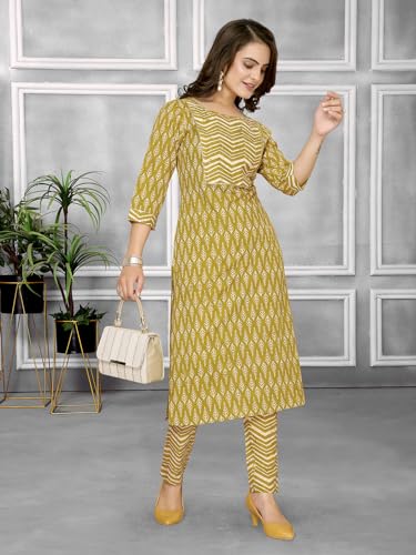 Image of rangita Mustard Cotton Embellished Straight Kurta with Pant | Kurta Set for Women