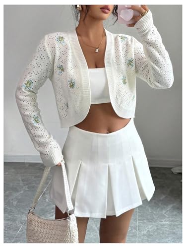 MakeMeChic Women's Cropped Lightweight Cardigan Fall Floral Embroidery Long Sleeve Hollow Knit Outerwear4