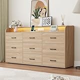9 Drawers Dresser for Bedroom, 63' Wood Dresser with Power Outlet, LED Lights and Deep Drawers, Wide Chest of Drawers, Modern Minimalist Closet Dressers for Kids Bedroom, Living Room, Nursery, Oak
