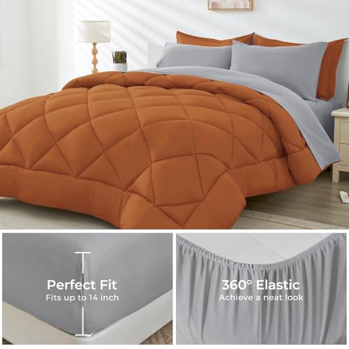 HEVUMYI King Comforter Set - 7-Piece All Season Bed in a Bag King, Ultra Soft Bedding Set with Comforter, Flat Sheet, Fitted Sheet, Pillowcases, Pillow Shams, Orange & Light Grey