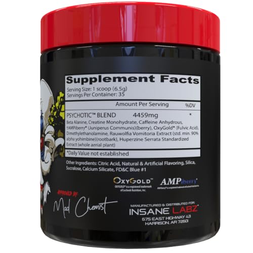 Image of Insane Labz Psychotic, High Stimulant Pre Workout Powder, Extreme Lasting Energy, Focus and Endurance with Beta Alanine, Creatine Monohydrate DMAE, 35 Srvgs (Blue Lemonade)