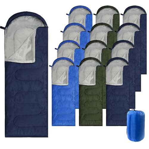12 Pcs Camping Sleeping Bags Bulk 4 Seasons Warm Cold Weather for Homeless Waterproof Lightweight with Compression Bag Camping Gear Equipment for Adults Backpacking Hiking Travel