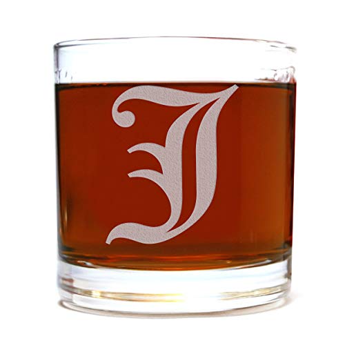Etched Monogram 10.5oz Rocks Old Fashioned Lowball Glass for Whiskey Scotch Bourbon (Letter J)