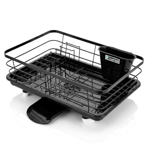 Image of SmartSlide Black MS Dish Drainer with Removable Tray | Durable Rust-Proof Kitchen Dish Rack | Space-Saving Countertop Organizer for Plates, Cups & Cutlery