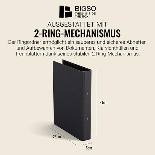 BIGSO RINGO Ringbuch A4 – Aufbewahrungsbox mit 2 Ringen – Schreibtischablage für Dokumente, Klarsichthüllen & Trennblätter – Ringhefter aus Faserplatte und Papier – schwarz