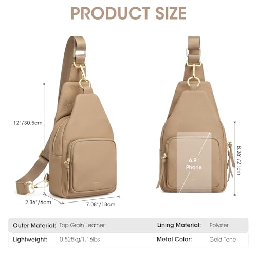 Image of Kattee Small Leather Sling Bag for Women with RFID Blocking,Tan | Top grain pebbled leather with RFID blocking, multiple pockets, and a convertible strap for travel.