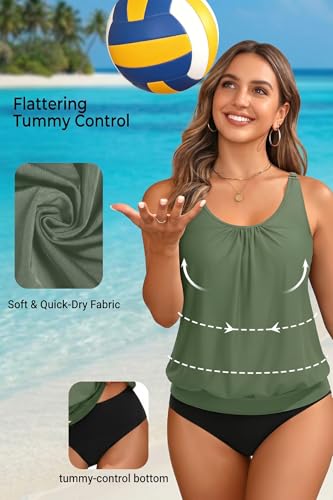 Image of Yonique Women Vintage Chevron 2 Piece Ruched Padded Tankini Set Flyaway Top With Triangle Brief Bottom Bathing Suit