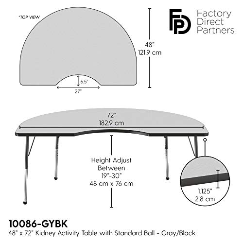 Image of FDP Kidney Activity School and Office Table (48 x 72 inch), Standard Legs with Ball Glides for Collaborative Seating Environments, Adjustable Height 19-30 inches - Gray Top and Black Edge