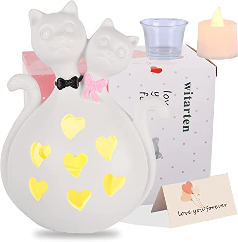 Bridal Shower Gifts, Wedding Gifts For Couple - Cat Couple Candle Holder With Flickering Led - Engagement, Romantic For Her/Women, White Cat Decor #TOP24