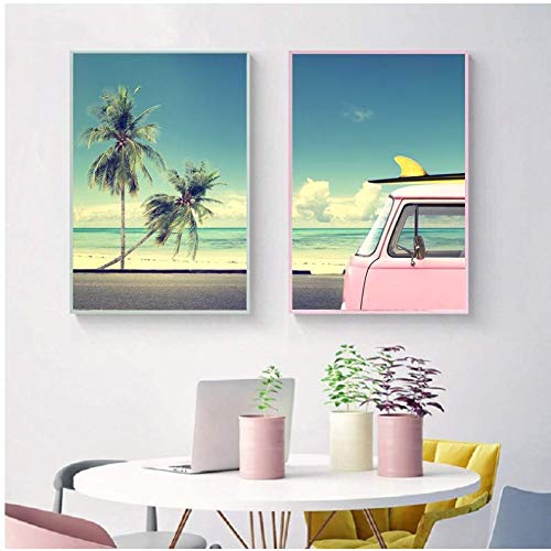 Affiche noix de coco et bus rose grand format 50x70cm pour salon - 2