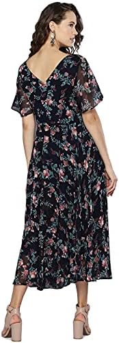 Rare London Women Georgette Fit and Flare Midi Casual Dress (EP6006_Navy Blue_X-Large)