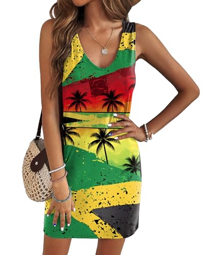 Seizesoul Jamaican Flag Print Summer Tank Dress for Women V Neck Sleeveless Palm Tree Graphic Sundress Beach Cover Up