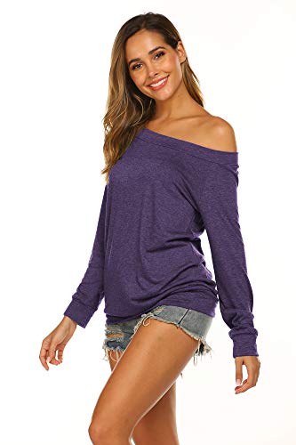 Off The Shoulder Shirts for Women Casual Long Sleeve Blouses and Tops Purple S