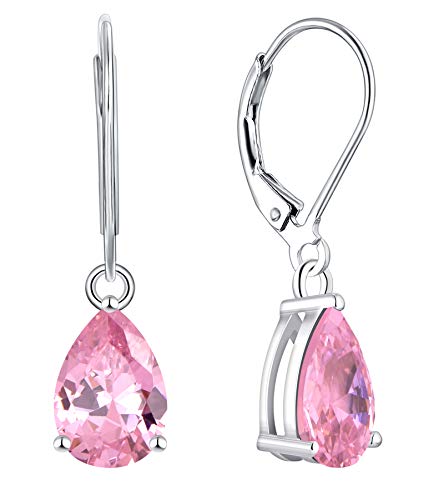 YL Dangle Drop Earrings Sterling Silver Solitaire Leverback Earrings Teardrop Pink Tourmaline Jewelry Gifts for Moms