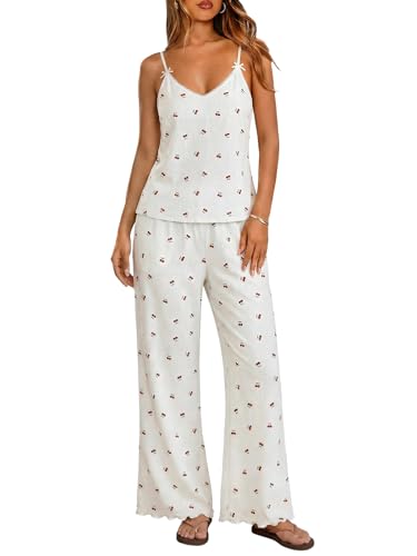 Image of Ekouaer Womens Y2K Cami Pajama Set with Flare Pants, 2 Piece Lace Trim Sleepwear Spaghetti Strap Pjs Set XS-2XL