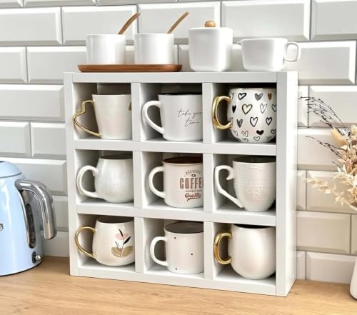 Image of Hamdan Collection Wall Mounted Mug Shelf - Coffee Cup Storage - Kitchen Wall Rack - Floating Cup Organizer - Rustic Coffee Bar Shelf (SQ 9 COMP)