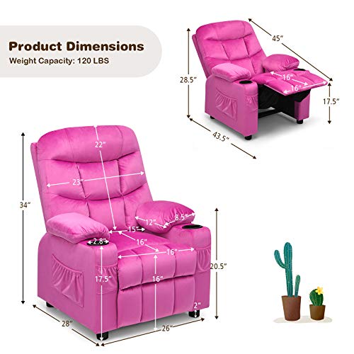 Image of Kids Recliner, Velvet Fabric Kids Recliner Chair w / 2 Cup Holders