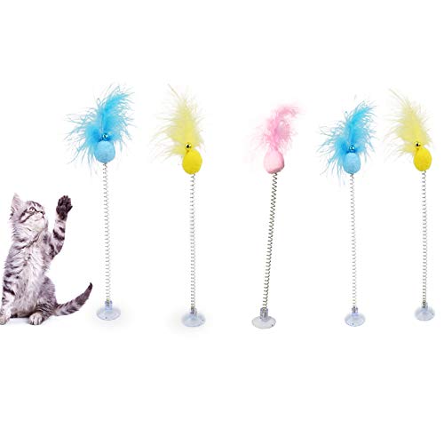 Hohayo 5PCs Cat Teaser Toys Retractable Cat Teaser Wand with Suction Cup Jingle Bell Fluffy Mice Wands Pet Toys for Kitten Kitty(Balls)