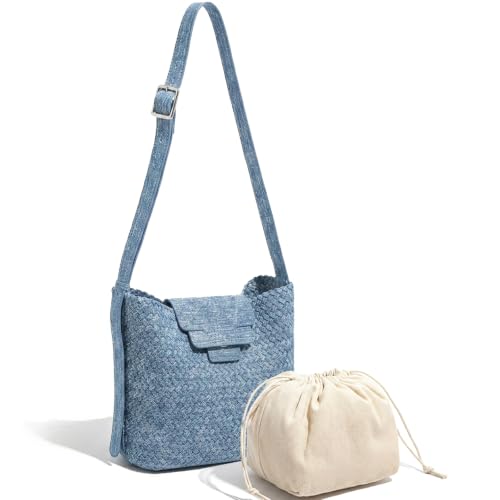 Image of JINMANXUE Woven Tote Bag For Women,Travel Shoulder Bag, Large Hollow Beach Soft Satin Handbags Hand-woven Satchel Clutch