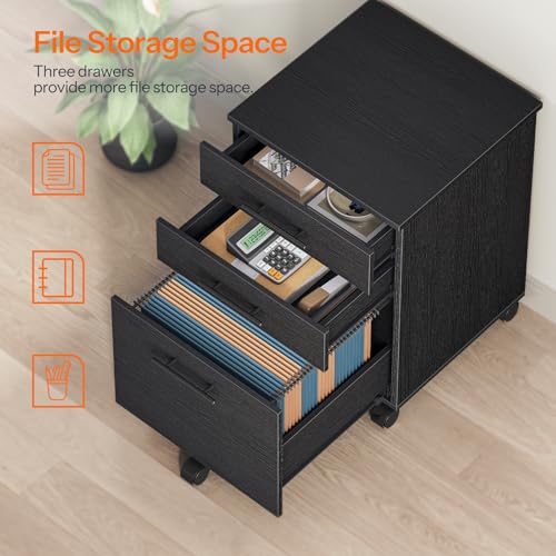 Image of HOOBRO 3-Drawer File Cabinet, Wooden Under Desk Filing Cabinet, fits A4 /Letter Size for Home Office, Small Rolling Storage Drawer Chest, Printer Stand with Drawers, Black BK02WJ01G1