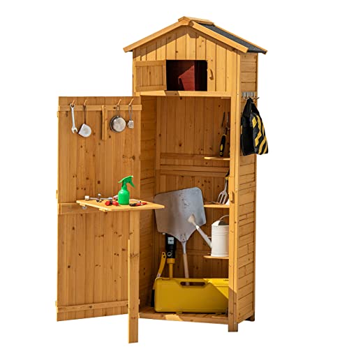 GOPLUS Gerätehaus, Gartenschrank mit Ablagen & 8 Haken, Gartenschuppen mit Satteldach für Garten & Terrasse, 70 x 35,5 x 176cm Natur