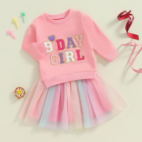 Toddler Baby Girls Birthday Outfits Birthday Girl Embroidery Letter Sweatshirt Tops+Rainbow Tutu Skirt Fall Clothes3