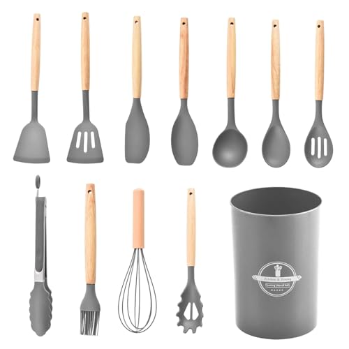 12 Pcs Kitchen Utensils Set, Silicone Kitchen Utensils Set with Holder, Nonstick Silicone Utensil Set Cooking Utensils Set for Cookware Pan, Easy to Clean, Heat-Resistant (Gray)