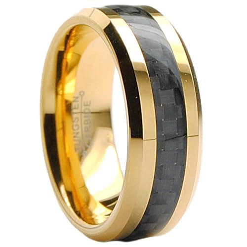 8MM Men's Goldtone Plated Tungsten Carbide Ring Wedding Band W/Black Carbon Fiber Inaly Sizes 7 to 15