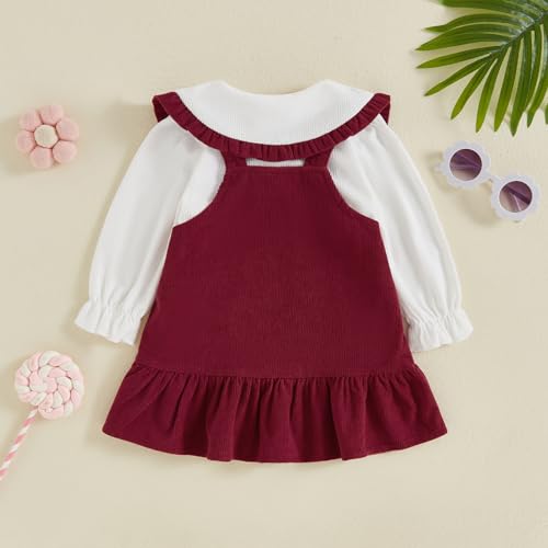 Emmababy Baby Girl Corduroy Suspender Dress Toddler Ruffle Shirt Long Sleeve Button Down Tops Straps Short Overall Dress Set3
