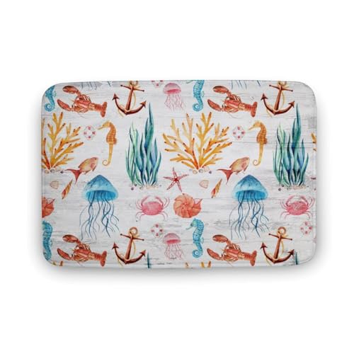 玄関マット室内 海洋生物 クラゲ タツノオトシゴ カニ オウムガイ サンゴ 泥落としマット 滑り止め 40x60cm 大判 カーペット 耐摩耗性 吸水 ドアマット バスマット ふわふわ 柔らか 洗える 抗菌防臭 足拭きマット 廊下 洗面所 掃除 ラグマット