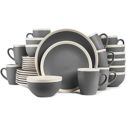 Image of Stone Lain Serenity 32-Piece Stoneware Dinnerware, 2-Tone, Speckles, Dark Gray and Cream,