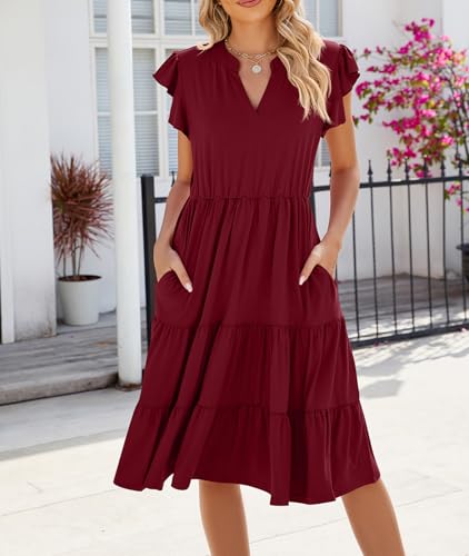 Image of Womens Summer Dress Ruffle Sleeve V Neck Midi Dresses Casual Fit Flowy Tiered Boho Beach Vacation Sundress