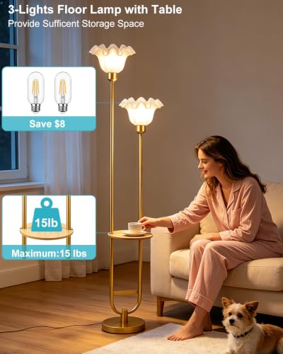 Image of Flower Floor Lamps with Table, 2-Lights Dimmable Floral Floor Lamp, 3000K Warmwhite Modern Floor Lamp, Vintage Gold Standing Lamp with 5Lbs Heavy Base for Living Room Bedroom Girls Room