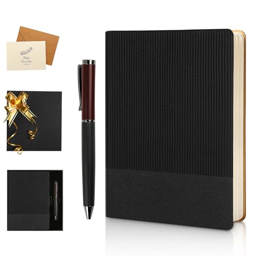 Image of TSFPapier A5 Lined Notebook with Pen & Gift Box 216 Pages PU Leather Journals for Women Men 100GSM Thick Paper College Ruled Notebook for Gifts,School,Travel,Business,Work,Home Writing (Black)