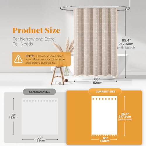 Image of BTTN Stall Shower Curtain - 60x84 Long Boho Farmhouse Linen Weighted Fabric Cloth Shower Curtain Set with 10 Plastic Hooks, Narrow Bohemian Country Decorative Shower Curtains for Bathroom - Taupe /Tan