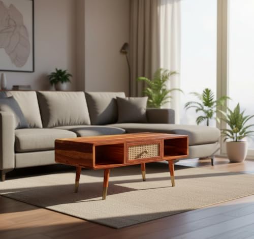 Image of DRIFTINGWOOD Amber Solid Sheesham Wood Coffee Table with Rattan Drawer | Mid-Century Center Table for Living Room with Open Storage | Honey Finish