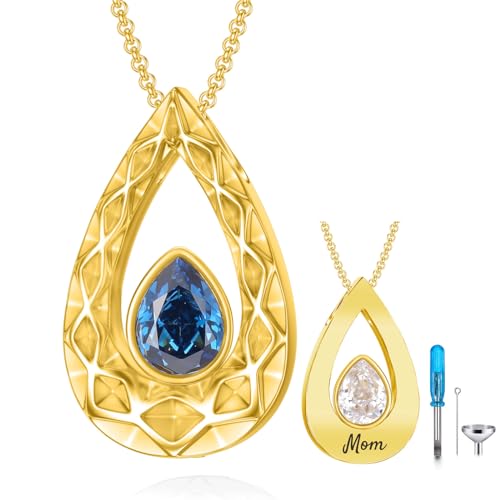 SOULMEET Custom 10k 14k 18k Real Gold Teardrop Necklace for Ashes, Personalize Birthstone Teardrop-Shape Urn Necklace for Ashes Keepsake Cremation Jewelry (Locket+Backside Engraving)