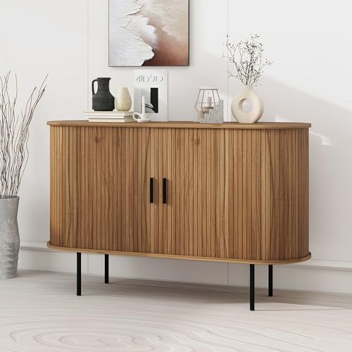 Janmer Home 47.2' Fluted Storage Cabinet with Sliding Tambour Doors, Mid Century Modern Buffet Sideboard with Storage, Oval Curved Accent Cabinet for Living Room Kitchen (Walnut)