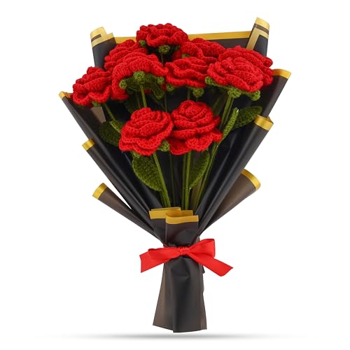 Image of Prapti Handicrafts Artificial Crochet Red Rose Single Flower Bouquet /Forever Flowers /Valentine Day Romantic Gift for Girls /Boys /Girlfriend /Boyfriend /husbund /Wife Home Decor Gift Ideas (10 red Rose)