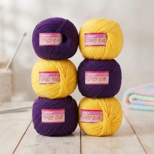 Image of Vardhman BabySoft Knitting Yarn | 100% Acrylic Wool | 4 Ply | Thin Knitting & Crocheting Hook Thread & Lightweight | Special Baby Wool | 150 Grams (6 Balls of 25g) | Machine Washable | Ideal for Blankets, Hats, Booties Ultra-Soft for Baby Sweaters, Blankets, Caps, Socks, Soft toys, Art & craft (Purple56 + Yellow85)