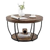 LIFEZEAL Tavolino Salotto Rotondo a 2 Ripiani, Stile Industriale, Tavolino da Caffè, Soggiorno, Divano, Basso, in Legno e Metallo, Montaggio Semplice, Max 90kg, Ă80x45cm, Marrone