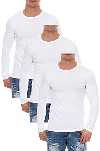 Mivaro Herren Langarmshirts mit Rundhals-Ausschnitt, Longsleeves für Sport und Freizeit, 3er Pack, Größe:L, Farbe:Weiß Cover