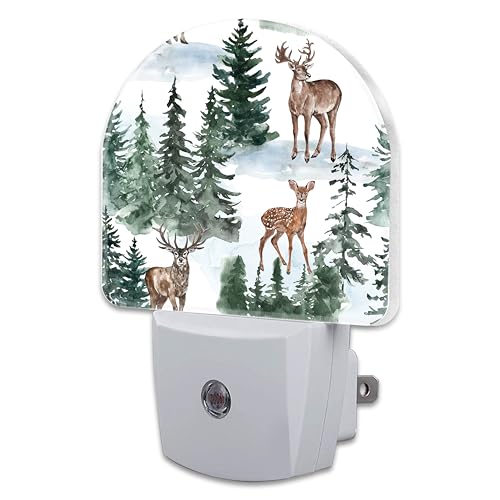 Image of Winter Deer and Snowy Forest Night Light for Kids,Christmas Pine Trees Deer Night Light Plug in with Dusk to Dawn Sensor,0.5w Energy Saving Nightlight for Hallway Stairway Kitchen Bedroom