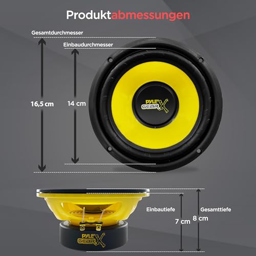 Pyle Hifi Lautsprecher Box, Lautsprecher Auto – Einbaulautsprecher als Auto Lautsprecher 165mm passend für OEM Standard, Woofer Autolautsprecher, Auto Box mit 300W & 60Hz–20kHz, Lautsprecherbox Gelb
