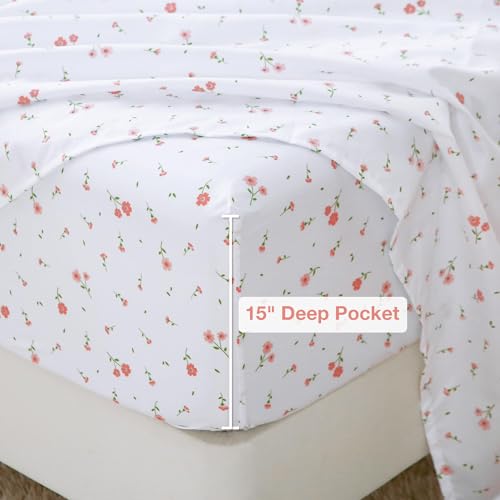 Image of Softan Pink Floral Twin Size Sheet Set, 3 Pieces Single Bed Sheets for Girls, Cozy Microfiber Fitted Sheet with 15 inch Deep Pockets & Non-Slip Straps, Pink Flower Sheets & Pillowcase Set