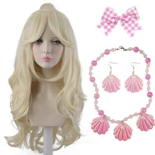 Aeilene Blonde Ponytail Wig with Bangs for Women Long Wavy Synthetic Hair Blond Pigtails Wig with Necklace Earrings Bow Hairpin for Women Cosplay Cowgirl Costume Halloween Party Party Daily